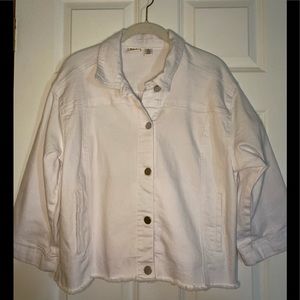 EUC Rafaella white jean jacket with floral detail.